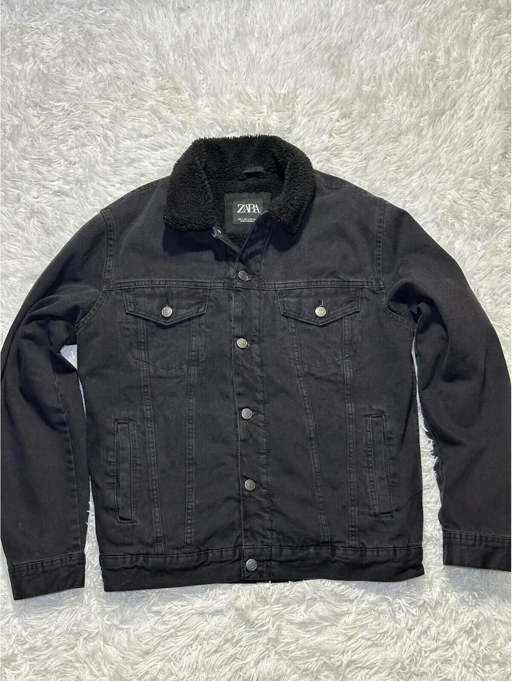 ZARA Men’s Black Fur Lined Denim Jacket Size L Sherpa Trucker Coat Workwear